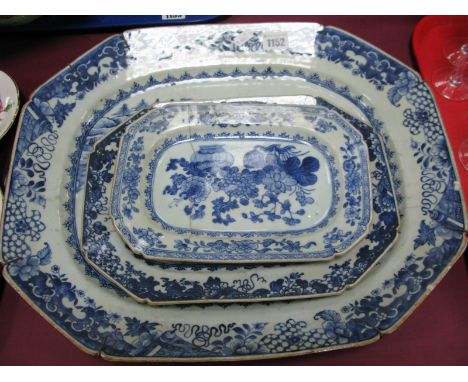 XIX Century 'Chinese Garden' Blue and White Pottery Octagonal Meat Platter, 38.5 x 46cm, two others smaller similar (damaged)