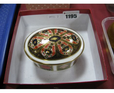 A Royal Crown Derby Oval Lidded Trinket Box, in the Imari 1128 pattern, date code for 1989.