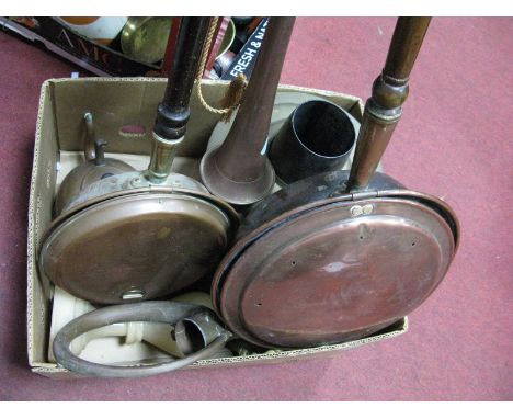 Copper Kettle, warming pans, horn, other metal wares, alabaster lamp:- One Box