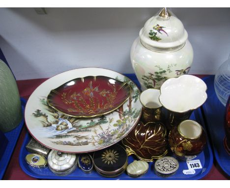 Crown Devon 'Rouge Royale' Vase, Carlton Ware ''Rouge Royale' vase, Japanese plate, trinket boxes etc- one tray.  