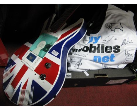Akura CD Player as a G.B. Guitar, Freesport skates, Crown Conquest bowls, Derby County signed shirt, Oxford bikers jacket, et