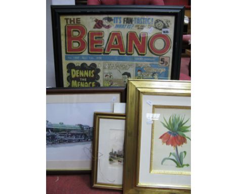 Beano 2009 Poster by D.C Thomson. Jonathan Clay signed railway engine print. Tornado F.P. Barrund and floral prints. (5)