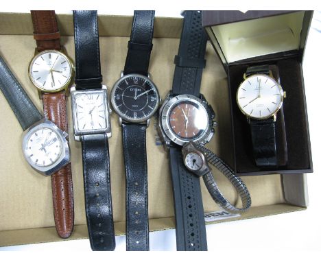 Omega; A Vintage Gent's Wristwatch, the signed dial with line markers, date aperture and centre seconds, (movement unseen) ca