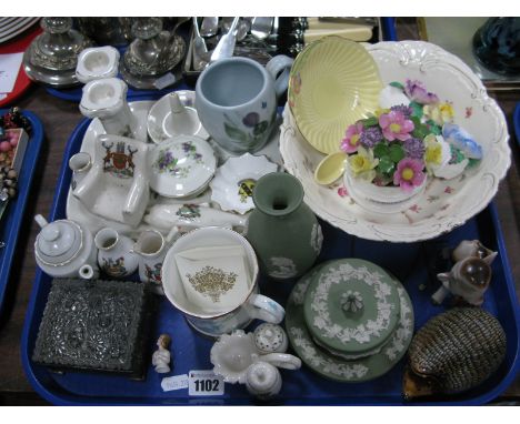 Wedgwood Green Jasperware, crested ware, white metal trinket box, etc:- One Tray