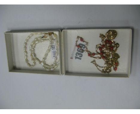 A 9ct Gold Chain with Coral Coloured Bead Highlights, together with a similar 9ct gold pearl and panel link necklace, a fresh