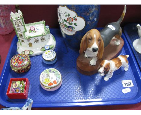 Crown Staffordshire Jar and Cover, Beswick Bassett Hound on a plinth base, Royal Doulton spaniel, Coalport china model of a v