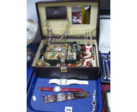 A Jewellery Box Containing A Variety of Costume Jewellery, including "Alpaca Mexico" shell inset bangle, other bangles, imita