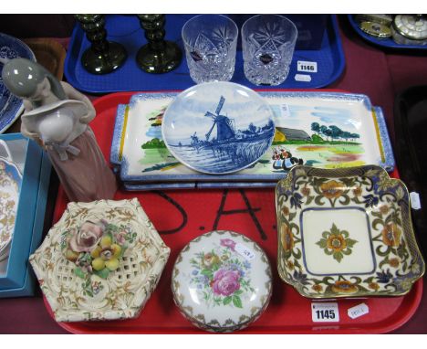 Lladro Figure (D), Noritaki bowl, a pair of continental porcelain wall plaques- one tray. 