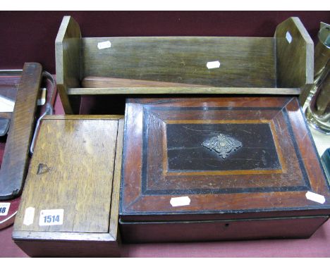 XIX Century Mahogany Work Box, an oak box, oak book trough, a letter opener inscribed "Teakwood from H.M.S. Walrus Wrecked of