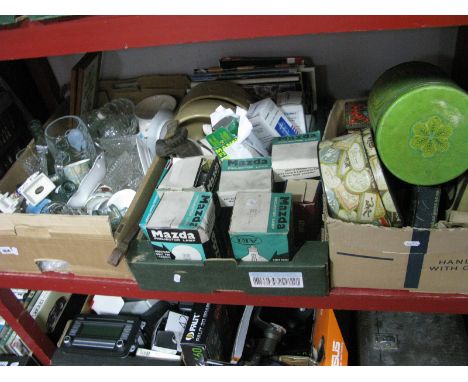 A Quantity of Tins, projector lamp bulbs, dog bowls, Omni magazines, glass ware, crested ware, ceramics etc:- Three boxes.