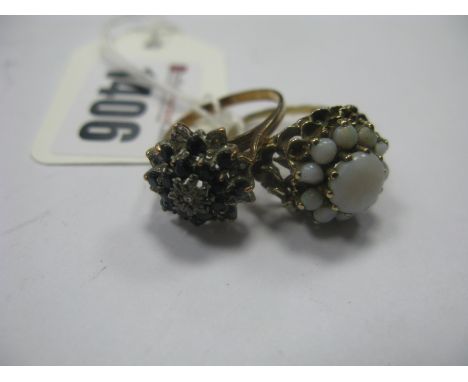 A 9ct Gold Opal Cluster Dress Ring, of flower head design, within textured setting; together with another. (2)