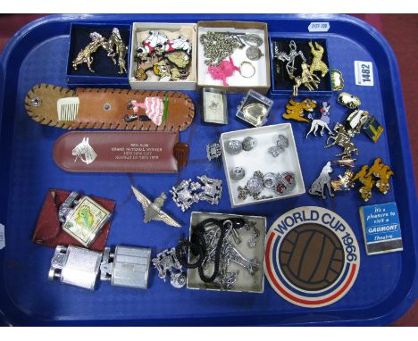 City of Sheffield Buttons, with similar transport pins, replica parachute pin, costume horse brooches, enamel pins, selection