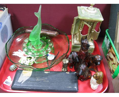 A 1930's Pressed Green Glass Table Centre, Italian Brevettato onyx offering box, Avon scent bottles, mini miners lamp etc:- O