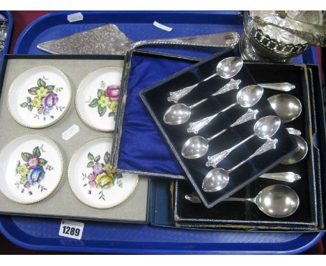 A Set of Six Decorative Hallmarked Silver Teaspoons, AJB, Birmingham 1912, in a fitted case (broken) boxed soup spoons, decor