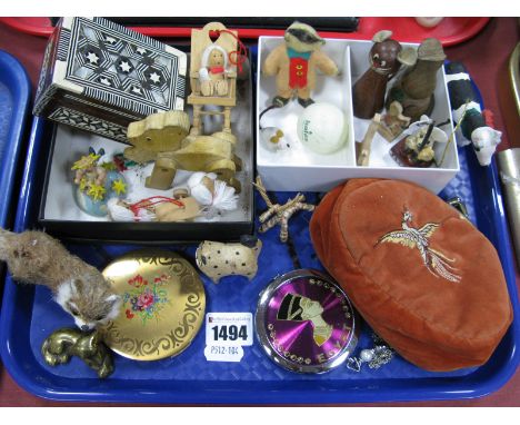 Two Ladies Compacts, a ladies purse with embroided detail, a shell inset wooden trinket box, together with assorted wooden an