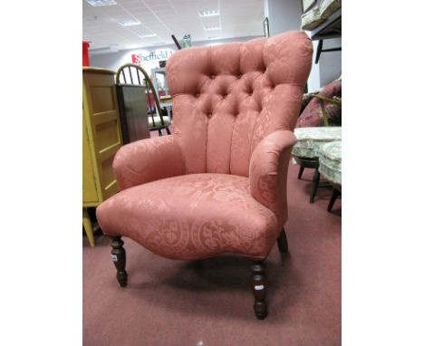 XIX Century Style Nursing Chair, upholstered in a floral button back damask, on turned legs.