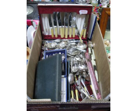 A Large Mixed Lot of Assorted Plated Cutlery, including meat skewer, Wm Rogers &amp; Son America ladle, berry spoons, boxed/c
