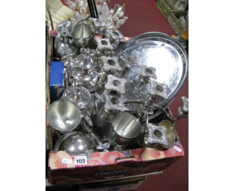 Plated Three Piece Tea-Service, pair of plated candelabras, pewter goblets plated fray, etc- one box.