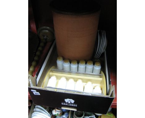 Terracotta Bread Crock, spice jars, ashtray on a bobbin turned stand plates - One Box.