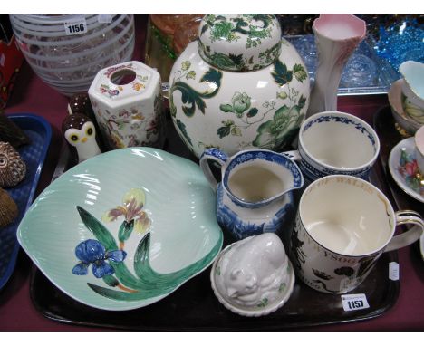 Masons 'Chartreuse' ginger jar, Shorter 'Iris' dish, Carlton owl condiments, Wedgewood 'Ferrara'  jug, Belleek cat on basket 