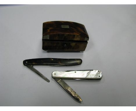 XIX Century Tortoiseshell Trinket Box, Pelty Sons, pen knife with one other pen knife. 