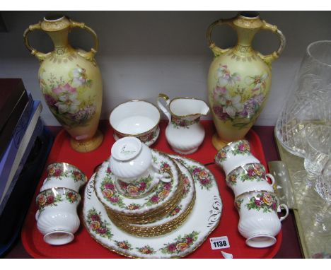 'Elizabethan Rose' Patterned Tea Service, of twenty-one pieces; pair of early XX Century Continental handpainted vases, on bl