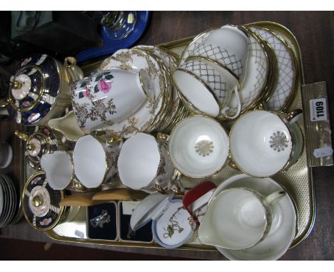 Sadler Imari Teapot, Sugar Basin and Butter Dish, Imperial and Royal Standard china teaware; Galway Wedgwood crystal pendants