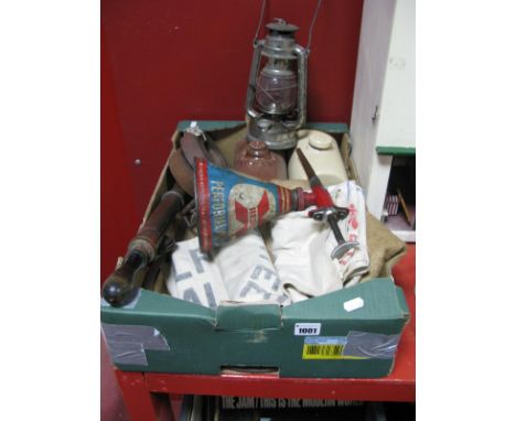 Vintage 'Redex' Advertising Oil Can, stoneware hot water bottles, hurricane lamp, garden sprayer, flour and hessian sacks:- O
