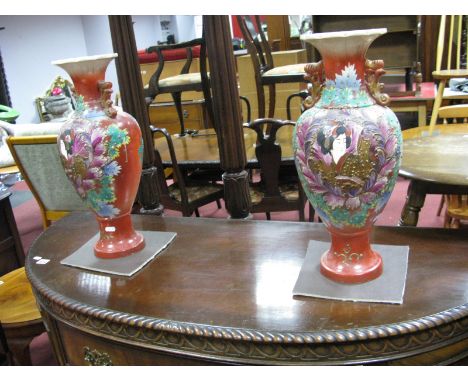 A Pair of Late XIX Century Oriental Earthenware Twin Handled Vases, of ovoid form, flared lip, raised enamel decoration of a 