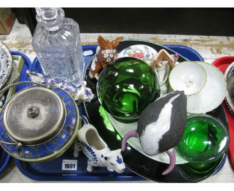 Bone China Oval Meat Plate, green glass float, midwinter biscuit jar, early XIX Century tea cup and saucer, lead crystal whis