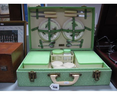 Brexton Mid XX Century Picnic Hamper, in pale green pattern containing original ceramic cups, saucers and plates.