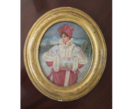 Portrait of lady with hand muff, framed, 30 x 25 cm