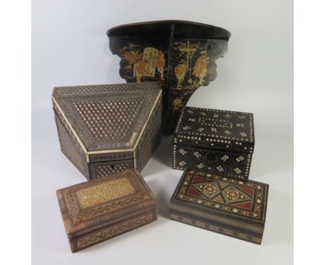 A Collection of Indian Inlaid Boxes and Chinoiserie decorated lacquered shelf