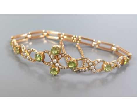 A 15ct Peridot and Seed Pearl Bracelet, boxed, 11.4g