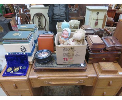 BEADED STOOL, WRITING SLOPE, VINTAGE DOLL, SCALES BINOCULARS  ETC. 