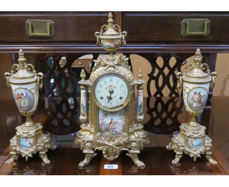 GILT METAL FRENCH STYLE CLOCK AND GARNITURE SET WITH HANDPAINTED CERAMIC PANELS 