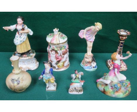 SUNDRY CERAMICS INCLUDING ROYAL WORCESTER SEA BREEZES FIGURE, ROYAL WORCESTER VASE, CROWN DERBY CANDLESTICK, CAPODIMONTE LIDD