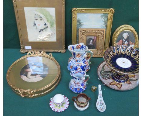 ART DECO STYLE PORTRAIT WITHIN GILT FRAME, OTHER VARIOUS GILT PICTURES AND SUNDRY CERAMICS 