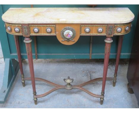 FRENCH STYLE GILDED MARBLE TOPPED HALL TABLE WITH CERAMIC PANELS