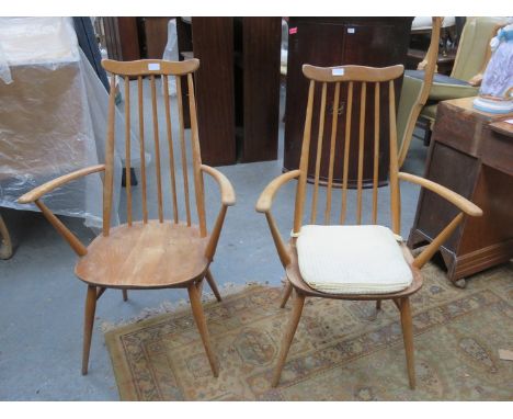 PAIR OF ERCOL LIGHT OAK ARMCHAIRS 