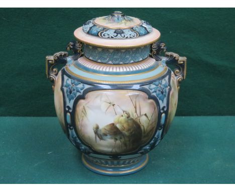 HADLEY'S WORCESTER HANDPAINTED AND GILDED GLAZED CERAMIC POT WITH COVER (AT FAULT) 