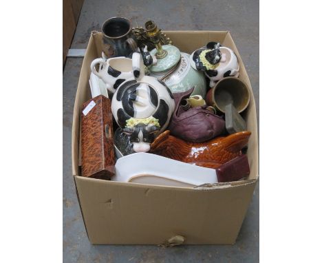 BOX OF SUNDRY CERAMICS AND GLASS, GOUDA VASE AND HARMONICA 