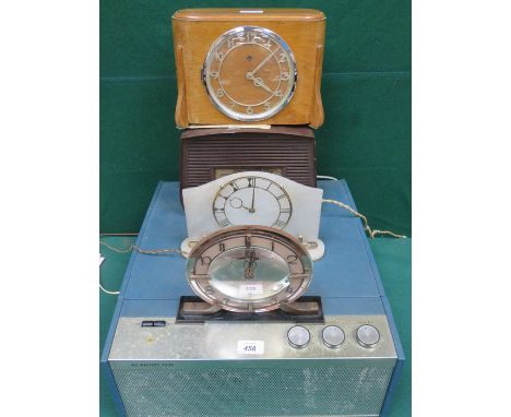 THREE MANTEL CLOCKS, VINTAGE RADIO AND RECORD PLAYER 