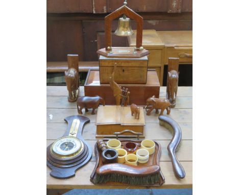 MIXED LOT OF TREEN INCLUDING STORAGE BOXES, BOOKENDS, BAROMETER AND BELL ON STAND 