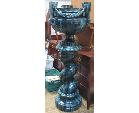 JEROME MASSIER, LATE 19th CENTURY GREEN GLAZED CERAMIC THREE HANDLED JARDINIERE ON BARLEY TWIST CERAMIC STAND 