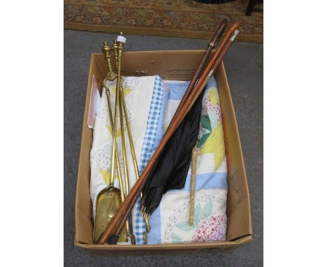 SUNDRY LOT INCLUDING PATCHWORK QUILT, SILVER MOUNTED WALKING STICK, MILITARY RIDING CROP, SILVER MOUNTED IVORY PARASOL (AT FA