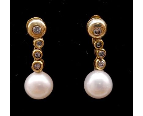 A Pair of 18K Yellow Gold Pearl and Diamond Drop Earrings. 0.5ct. 3.35g total weight. 