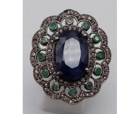 10Cts Blue Sapphire set Vintage Ring in 925 Silver with 1.25cts Diamonds and Emeralds decorating, size N1/2 
