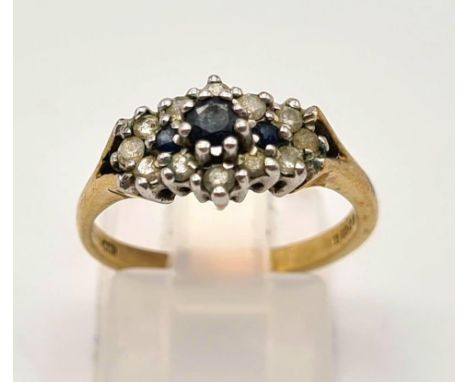 9K YELLOW GOLD DIAMOND &amp; SAPPHIRE CLUSTER RING WEIGHT 2.4G, WITH 0.15CT DIAMOND APPROX, SIZE M 