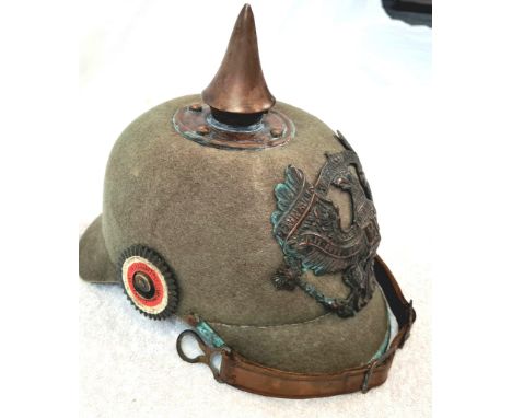 WW1 Imperial German Felt Ersatz (economy) Issue 1915 Model Pickelhaube. The ?Waterloo? on the helmet Wappen Plate indicates t